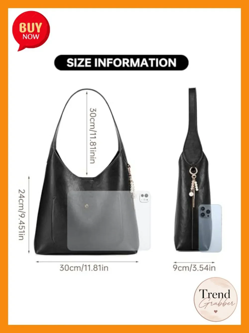 Grained Leather Slouchy Hobo Shoulder Bag with Magnetic Closure and Beaded Charm